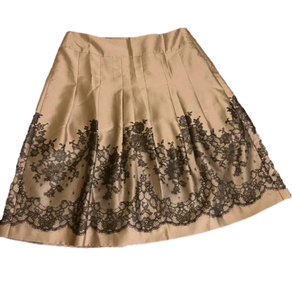 Ann Taylor Size 12 Oat Tan Brown Floral Lace Print Pleated Midi Skirt - Picture 1 of 7